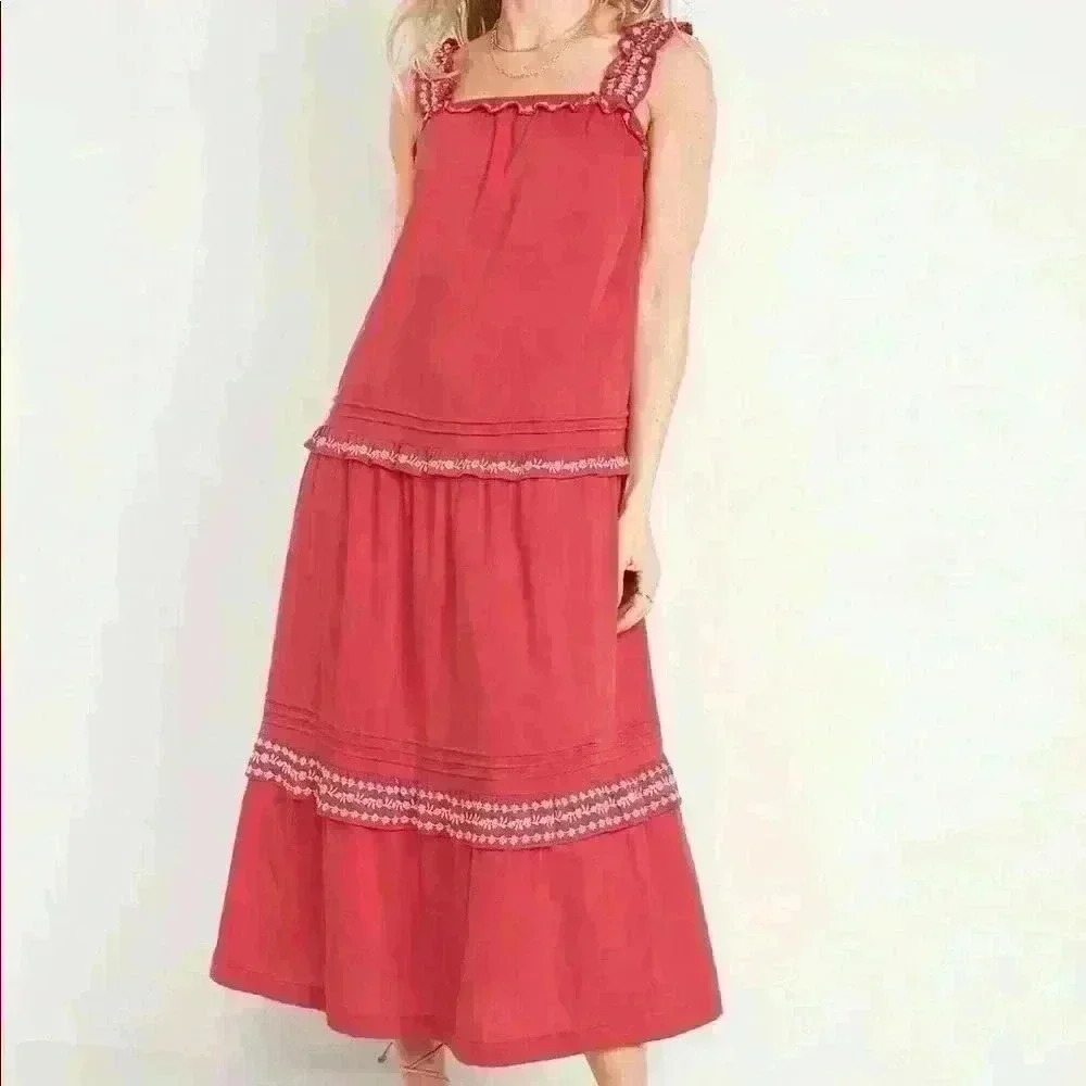 NWT Sleeveless Ruffle-Neck Tiered Midi Swing Dress,  Women Small